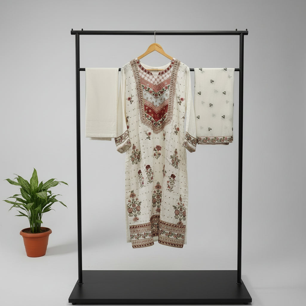 ETHN Spring Blossom | White Kameez with Pink Green Sequin Embroidery