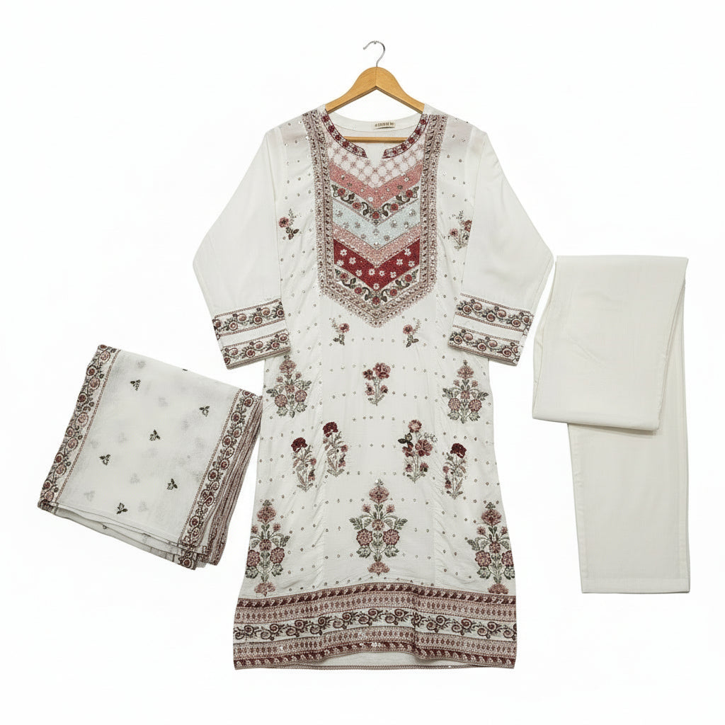 ETHN Spring Blossom | White Kameez with Pink Green Sequin Embroidery