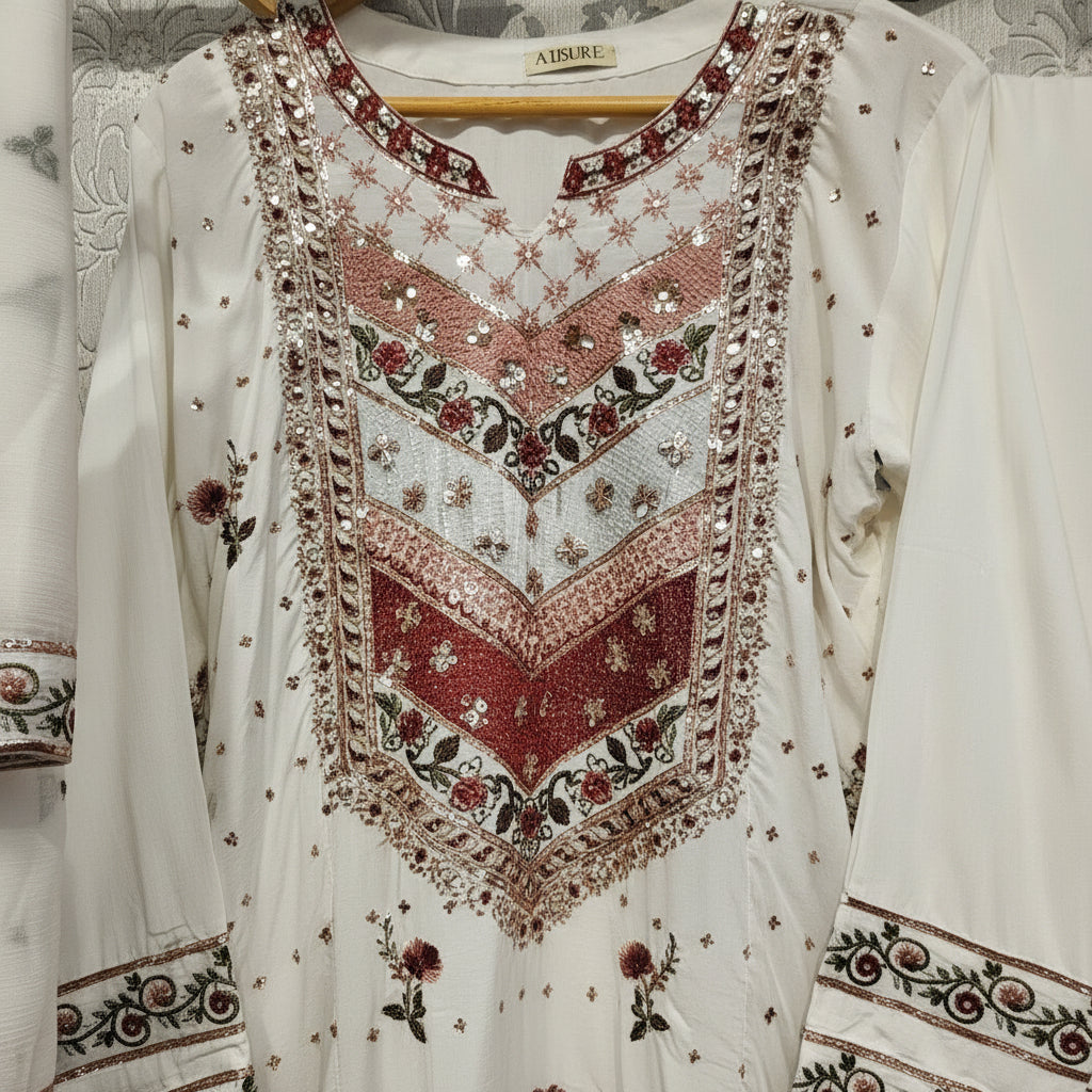 ETHN Spring Blossom | White Kameez with Pink Green Sequin Embroidery