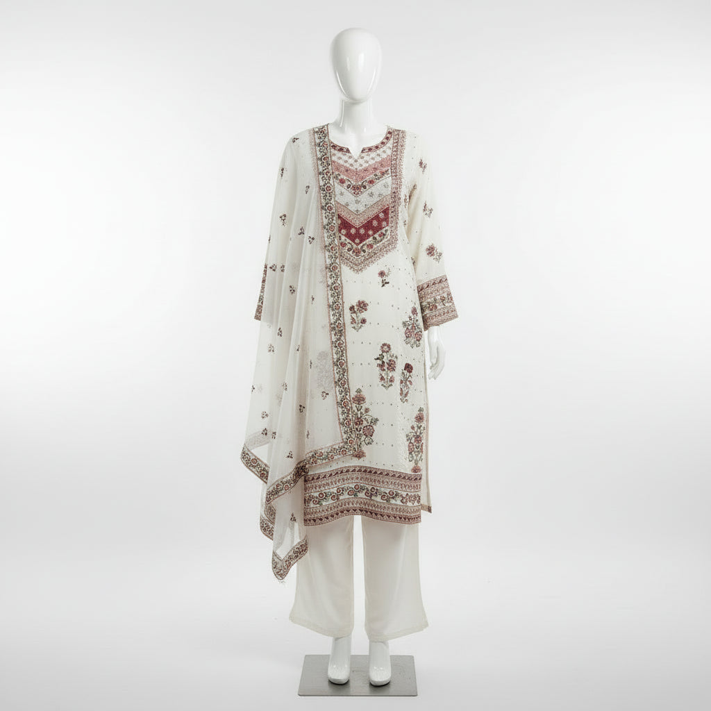 ETHN Spring Blossom | White Kameez with Pink Green Sequin Embroidery