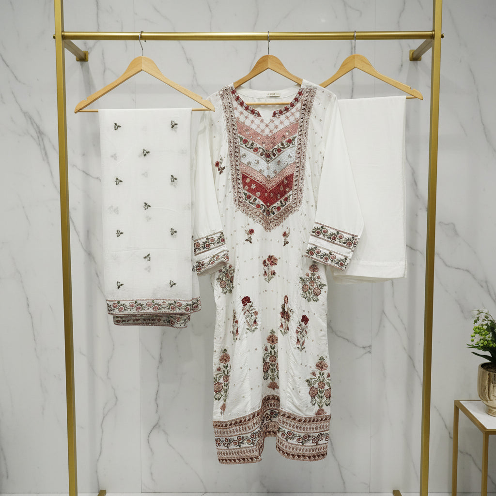 ETHN Spring Blossom | White Kameez with Pink Green Sequin Embroidery
