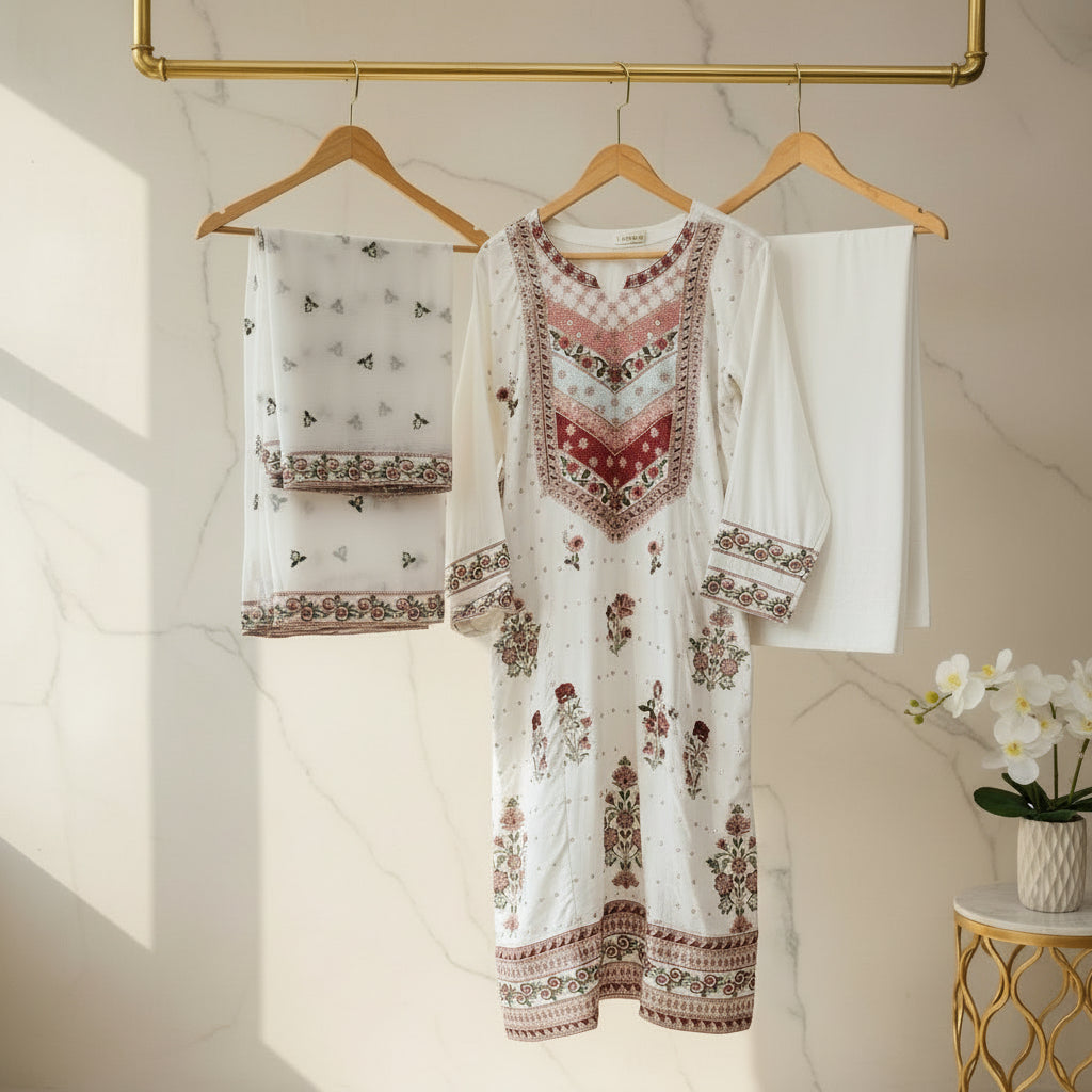 ETHN Spring Blossom | White Kameez with Pink Green Sequin Embroidery