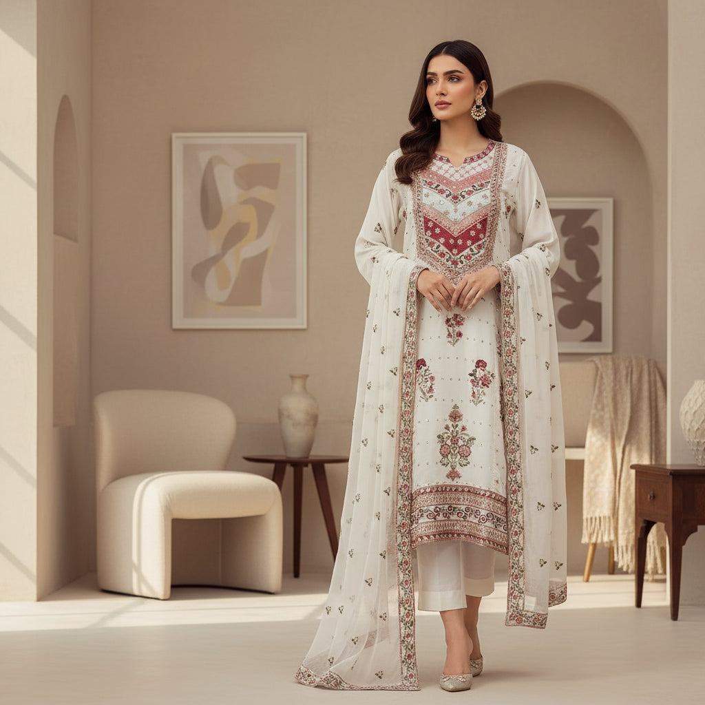 ETHN Spring Blossom | White Kameez with Pink Green Sequin Embroidery
