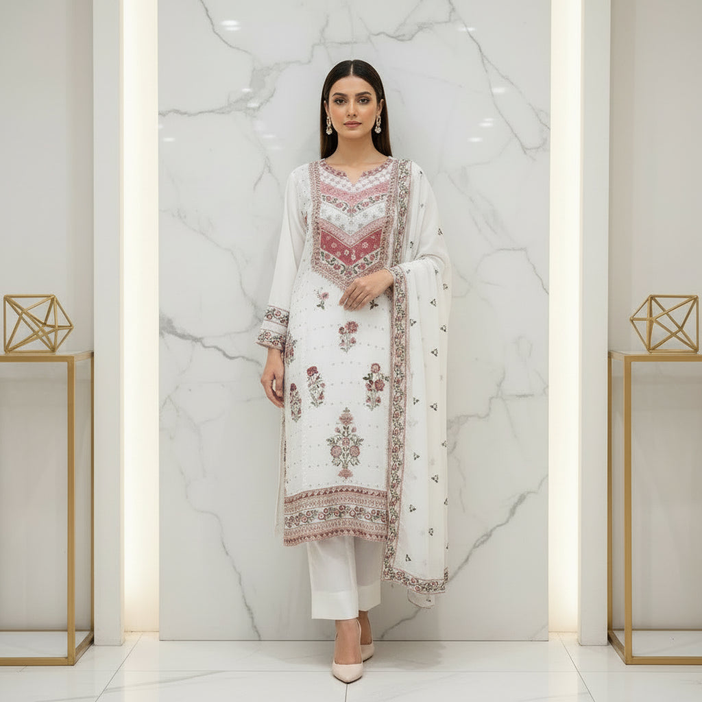 ETHN Spring Blossom | White Kameez with Pink Green Sequin Embroidery