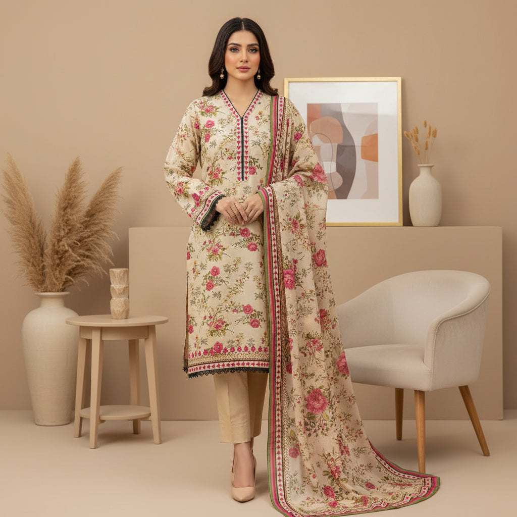 Zellbury Desert Rose | Beige Cream Pink Floral Linen Shalwar Kameez
