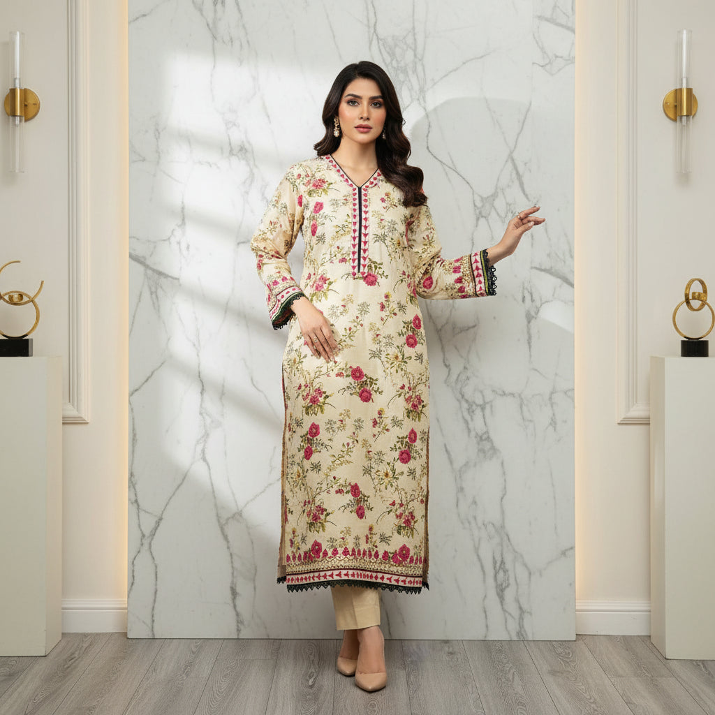 Zellbury Desert Rose | Beige Cream Pink Floral Linen Shalwar Kameez
