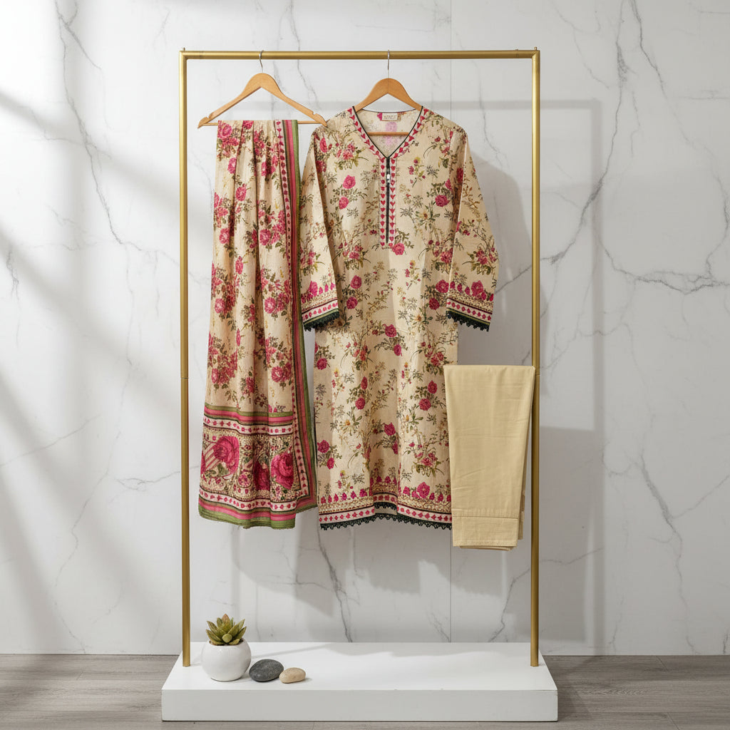 Zellbury Desert Rose | Beige Cream Pink Floral Linen Shalwar Kameez