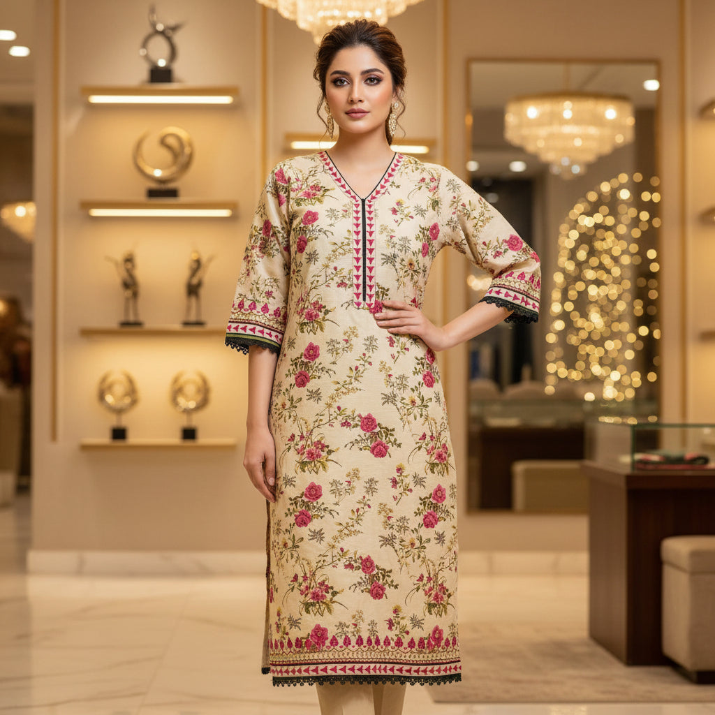 Zellbury Desert Rose | Beige Cream Pink Floral Linen Shalwar Kameez