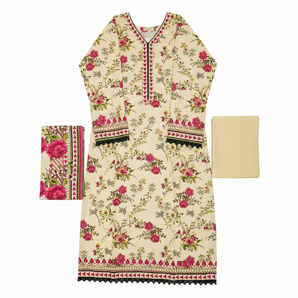 Zellbury Desert Rose | Beige Cream Pink Floral Linen Shalwar Kameez
