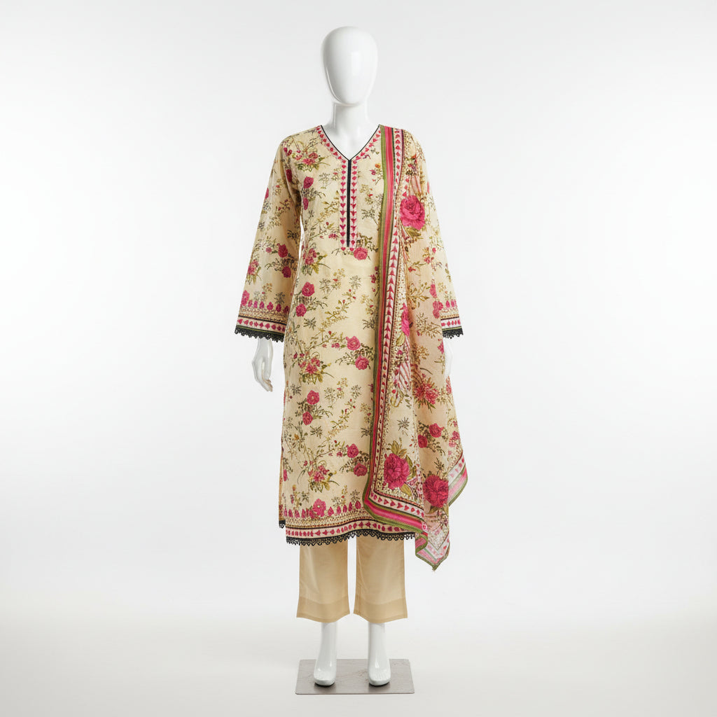 Zellbury Desert Rose | Beige Cream Pink Floral Linen Shalwar Kameez