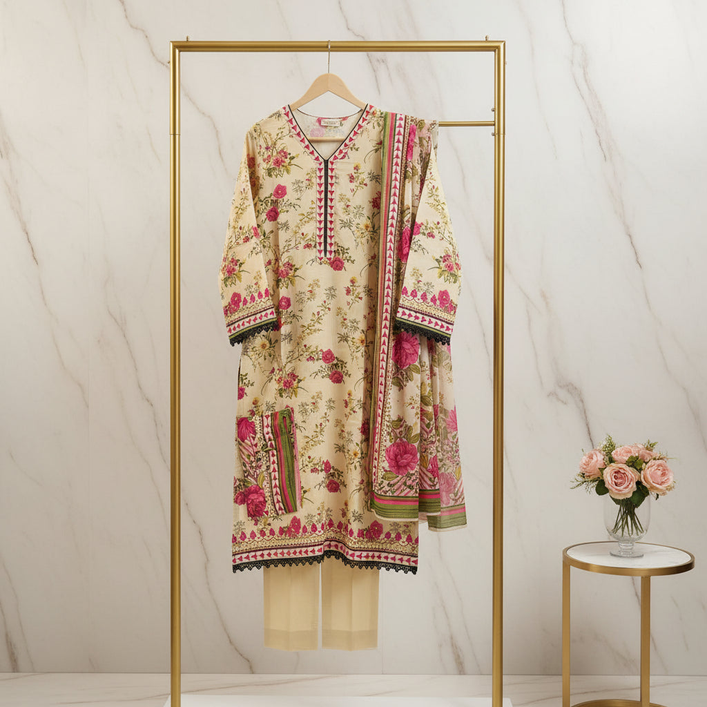 Zellbury Desert Rose | Beige Cream Pink Floral Linen Shalwar Kameez