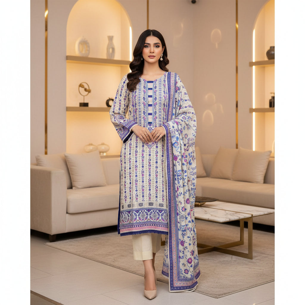 Zellbury Blue Haven | White & Blue Floral Linen Shalwar Kameez Set