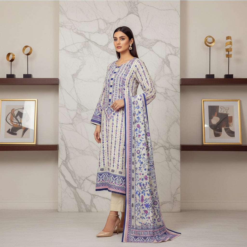 Zellbury Blue Haven | White & Blue Floral Linen Shalwar Kameez Set
