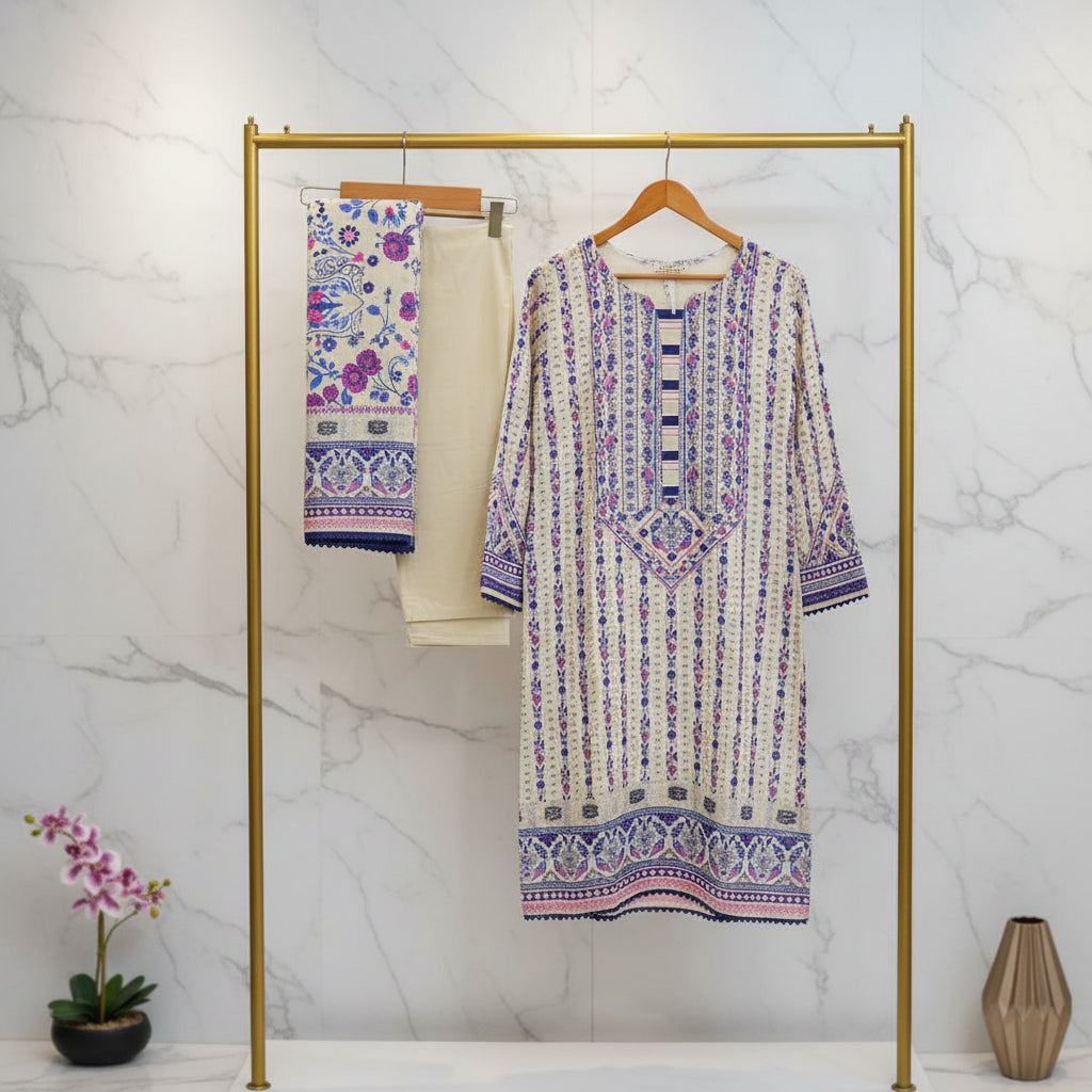 Zellbury Blue Haven | White & Blue Floral Linen Shalwar Kameez Set