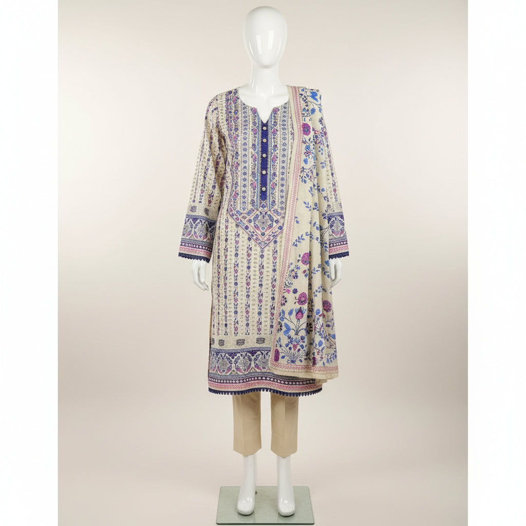 Zellbury Blue Haven | White & Blue Floral Linen Shalwar Kameez Set