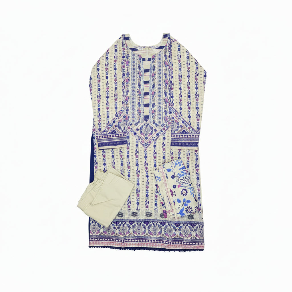Zellbury Blue Haven | White & Blue Floral Linen Shalwar Kameez Set
