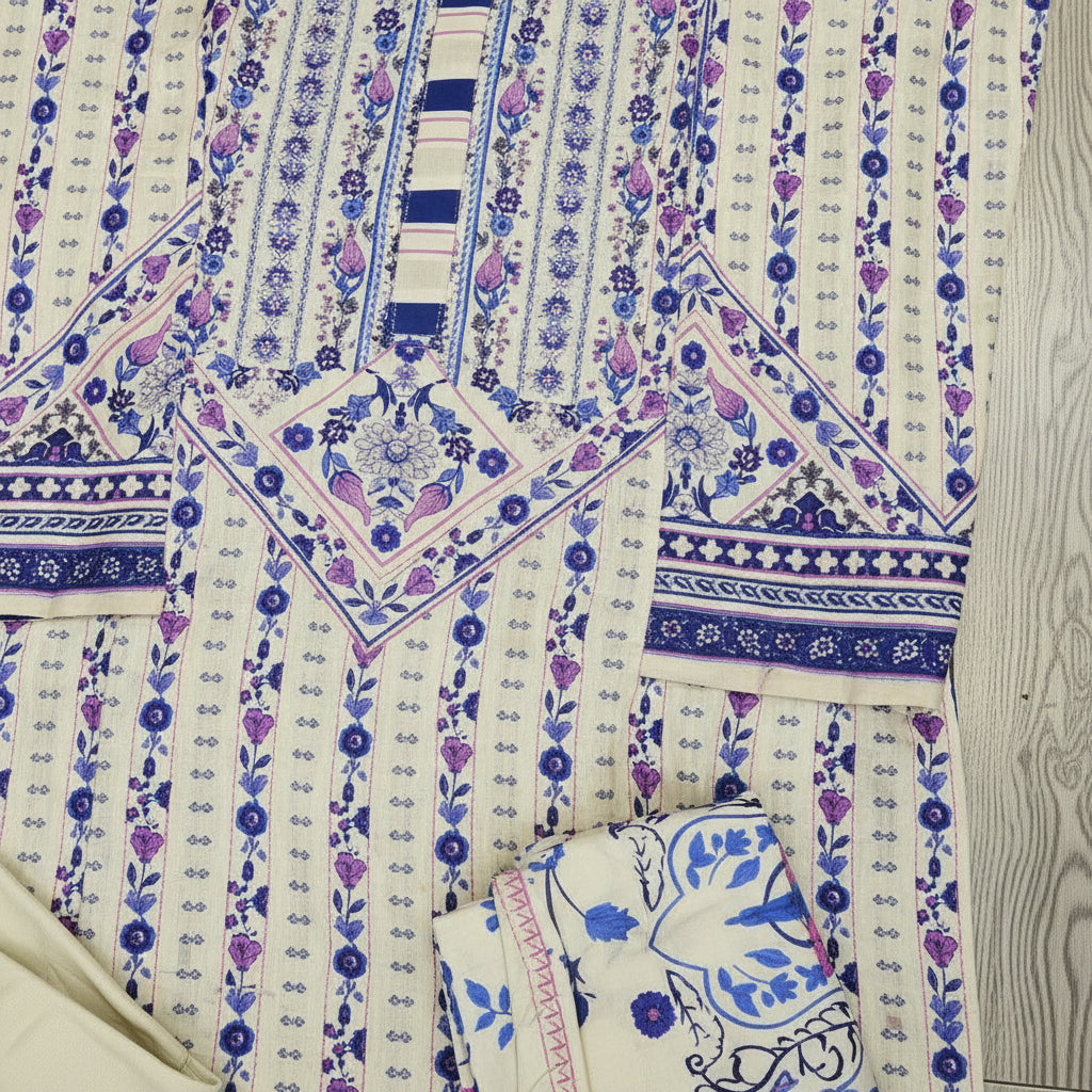 Zellbury Blue Haven | White & Blue Floral Linen Shalwar Kameez Set