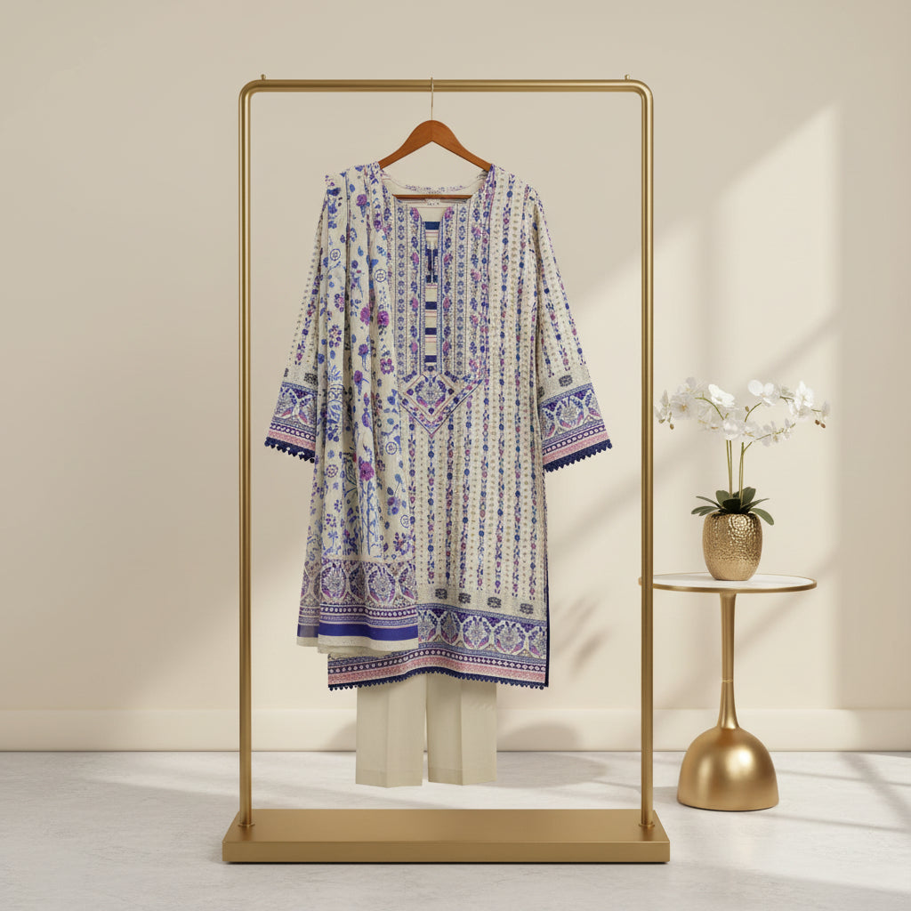 Zellbury Blue Haven | White & Blue Floral Linen Shalwar Kameez Set