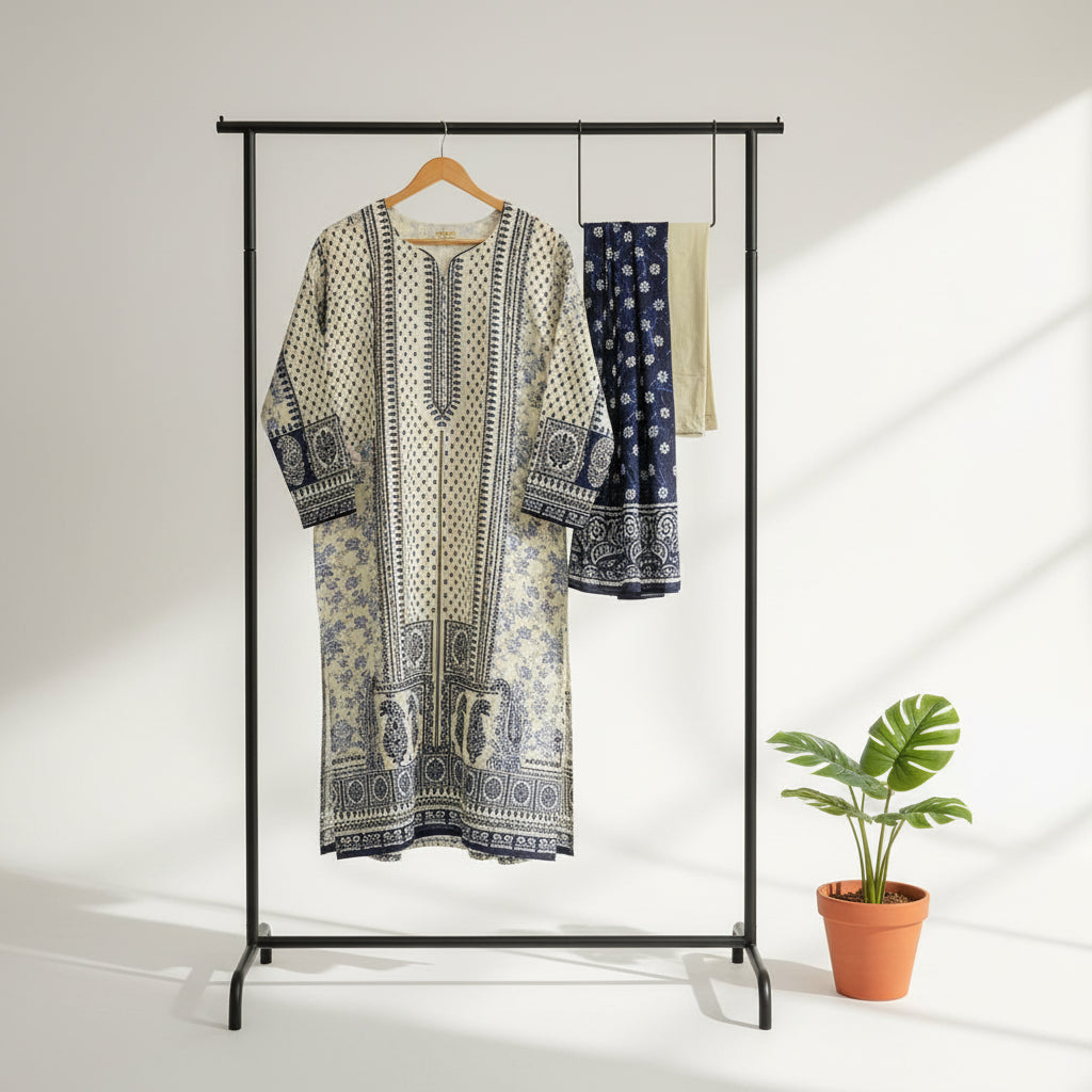 Zellbury Paisley Pearl | White & Navy Blue Print Linen Shalwar Kameez