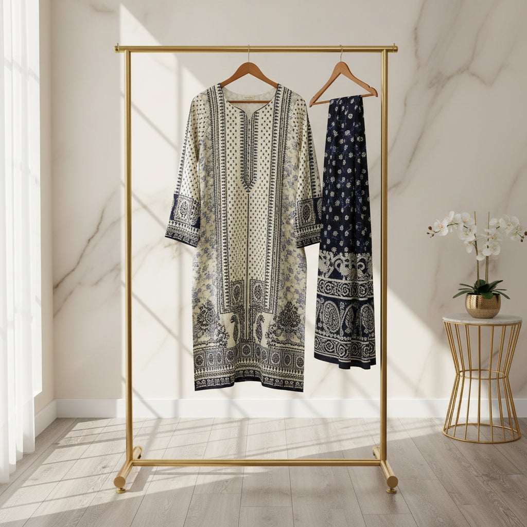 Zellbury Paisley Pearl | White & Navy Blue Print Linen Shalwar Kameez