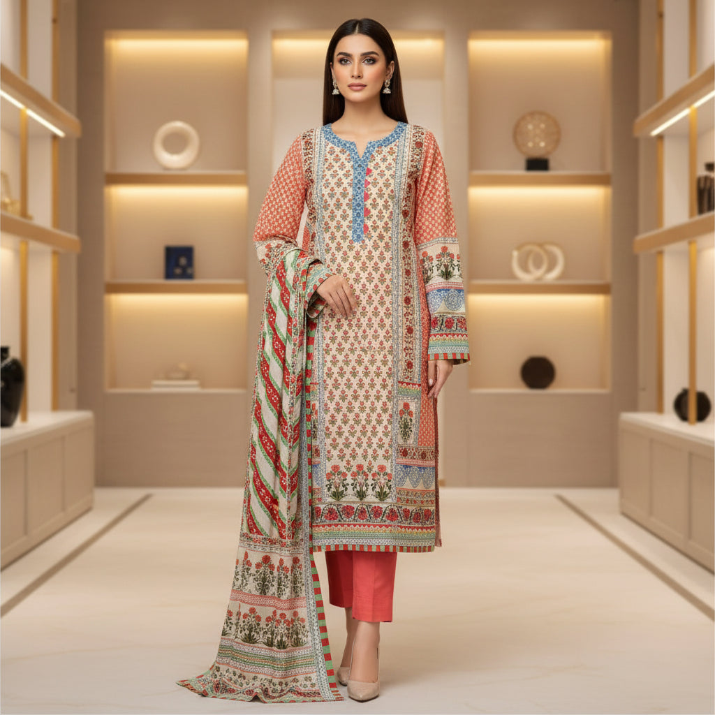 Zellbury Apricot Bloom | Orange & Cream Floral Linen Shalwar Kameez Set