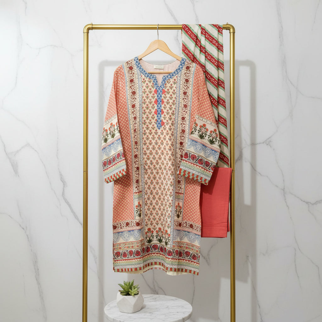 Zellbury Apricot Bloom | Orange & Cream Floral Linen Shalwar Kameez Set