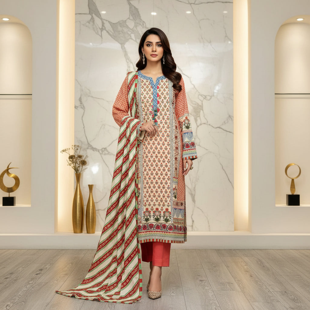 Zellbury Apricot Bloom | Orange & Cream Floral Linen Shalwar Kameez Set