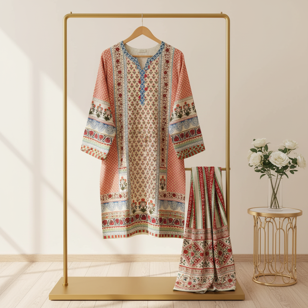 Zellbury Apricot Bloom | Orange & Cream Floral Linen Shalwar Kameez Set