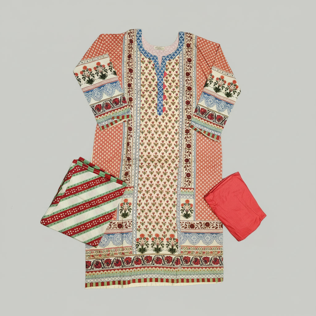 Zellbury Apricot Bloom | Orange & Cream Floral Linen Shalwar Kameez Set