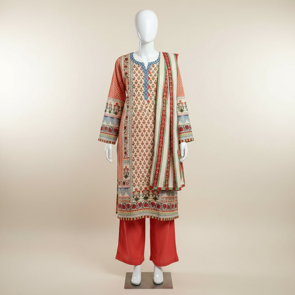 Zellbury Apricot Bloom | Orange & Cream Floral Linen Shalwar Kameez Set