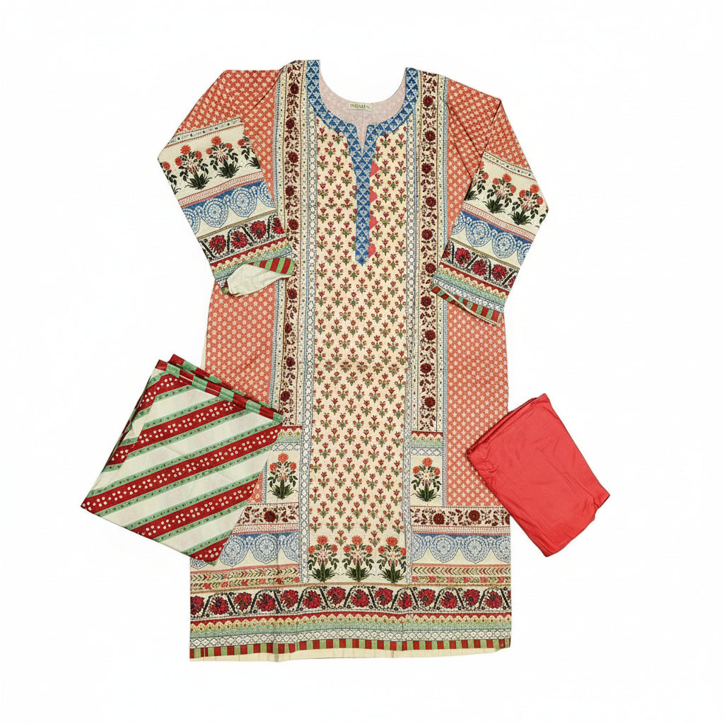 Zellbury Apricot Bloom | Orange & Cream Floral Linen Shalwar Kameez Set