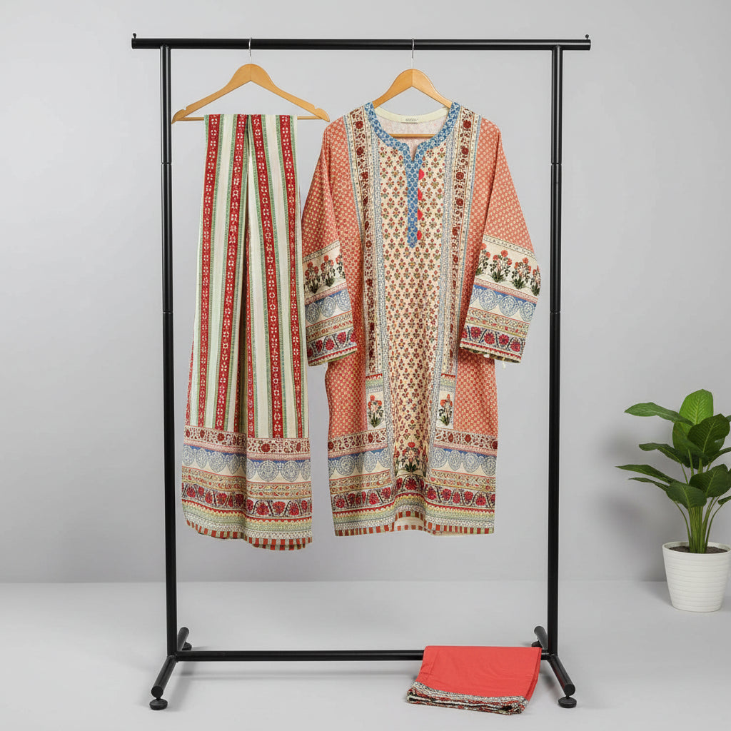 Zellbury Apricot Bloom | Orange & Cream Floral Linen Shalwar Kameez Set