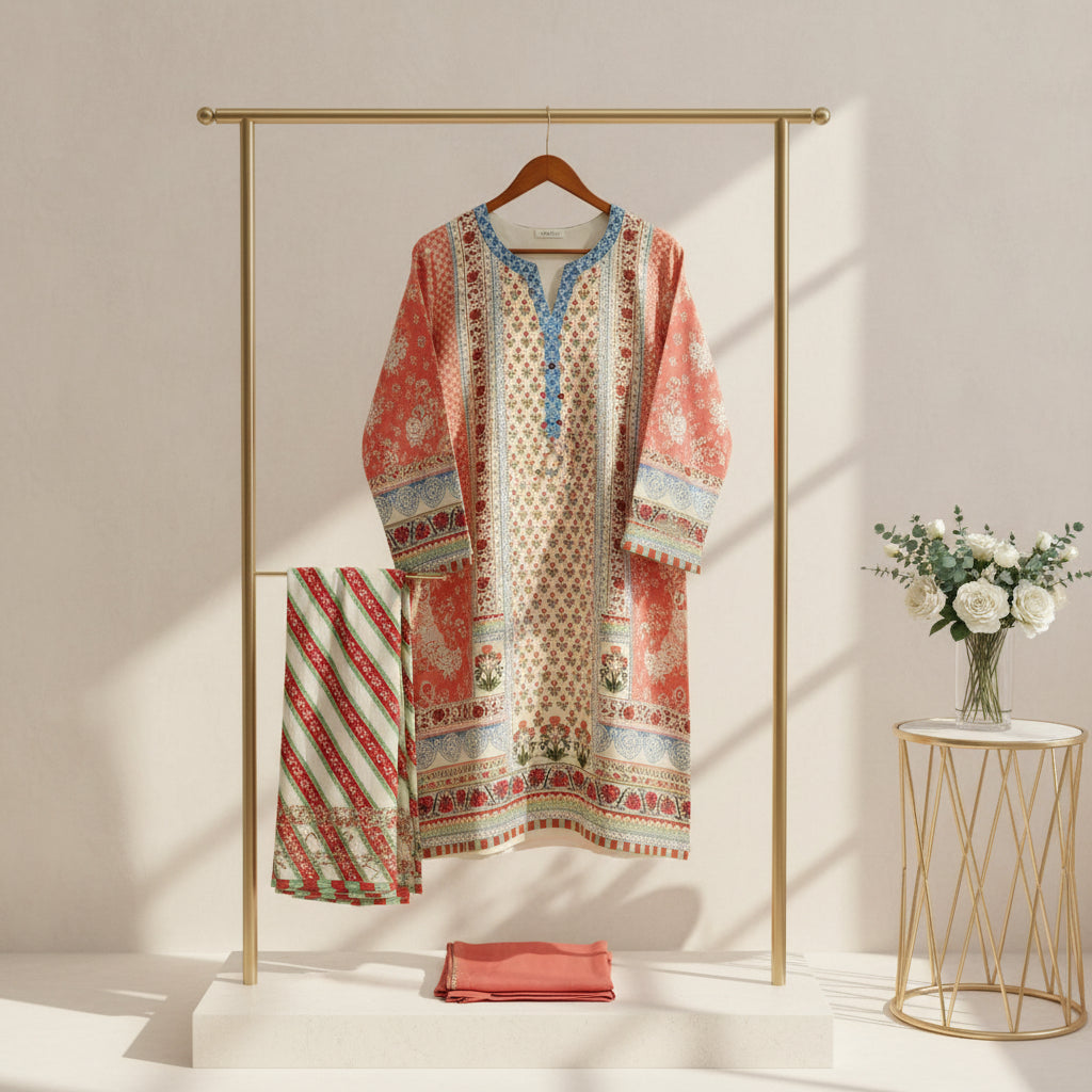 Zellbury Apricot Bloom | Orange & Cream Floral Linen Shalwar Kameez Set
