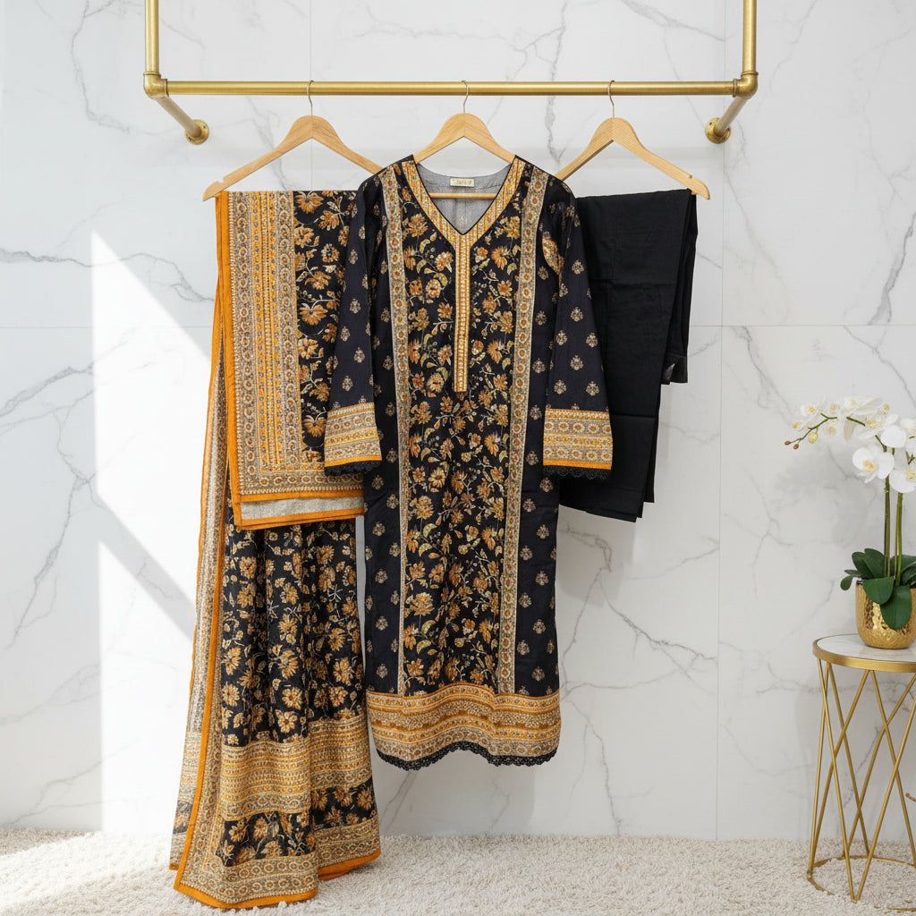Zellbury Autumn Blossom | Black & Burnt Orange Floral Linen Shalwar Kameez