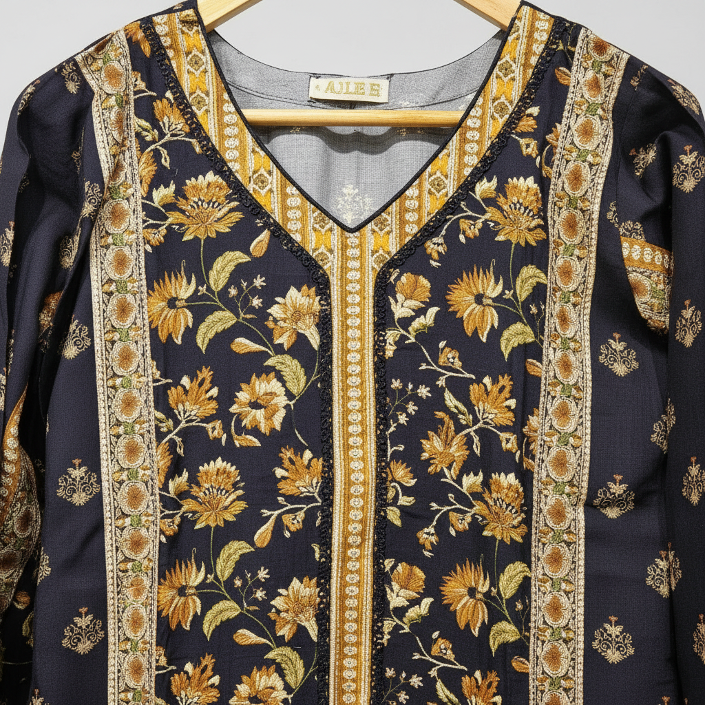 Zellbury Autumn Blossom | Black & Burnt Orange Floral Linen Shalwar Kameez
