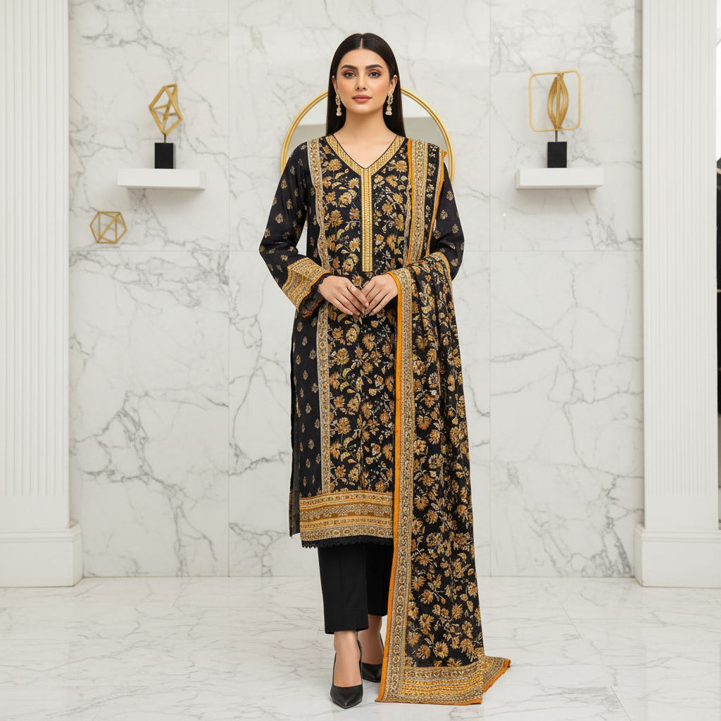 Zellbury Autumn Blossom | Black & Burnt Orange Floral Linen Shalwar Kameez