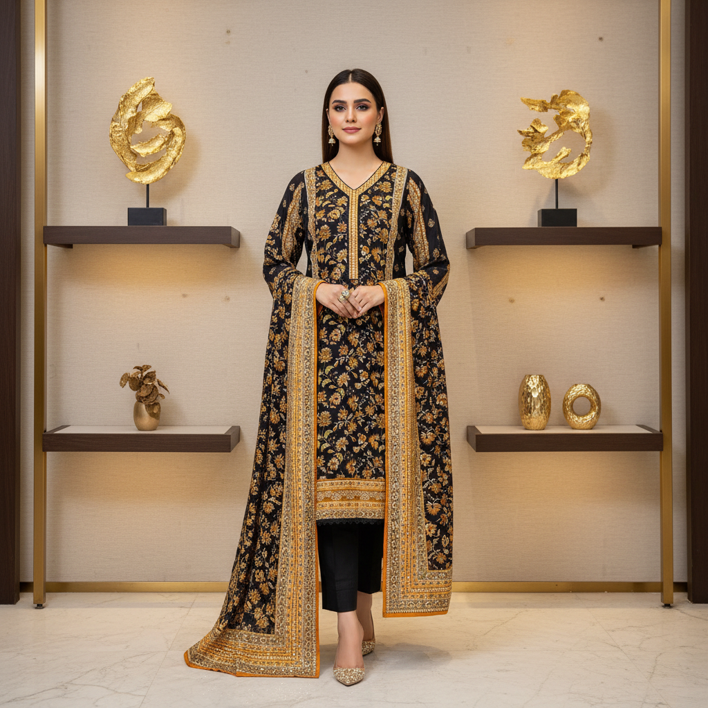Zellbury Autumn Blossom | Black & Burnt Orange Floral Linen Shalwar Kameez