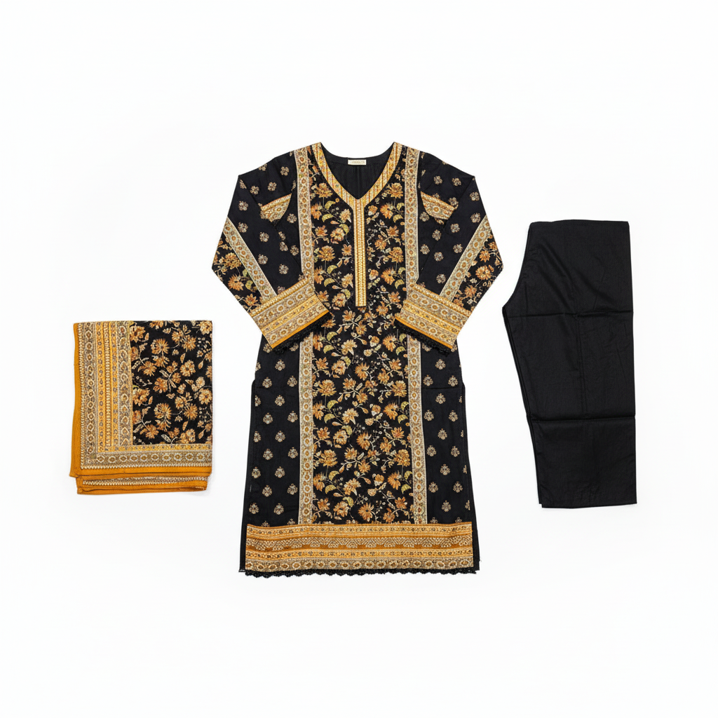 Zellbury Autumn Blossom | Black & Burnt Orange Floral Linen Shalwar Kameez