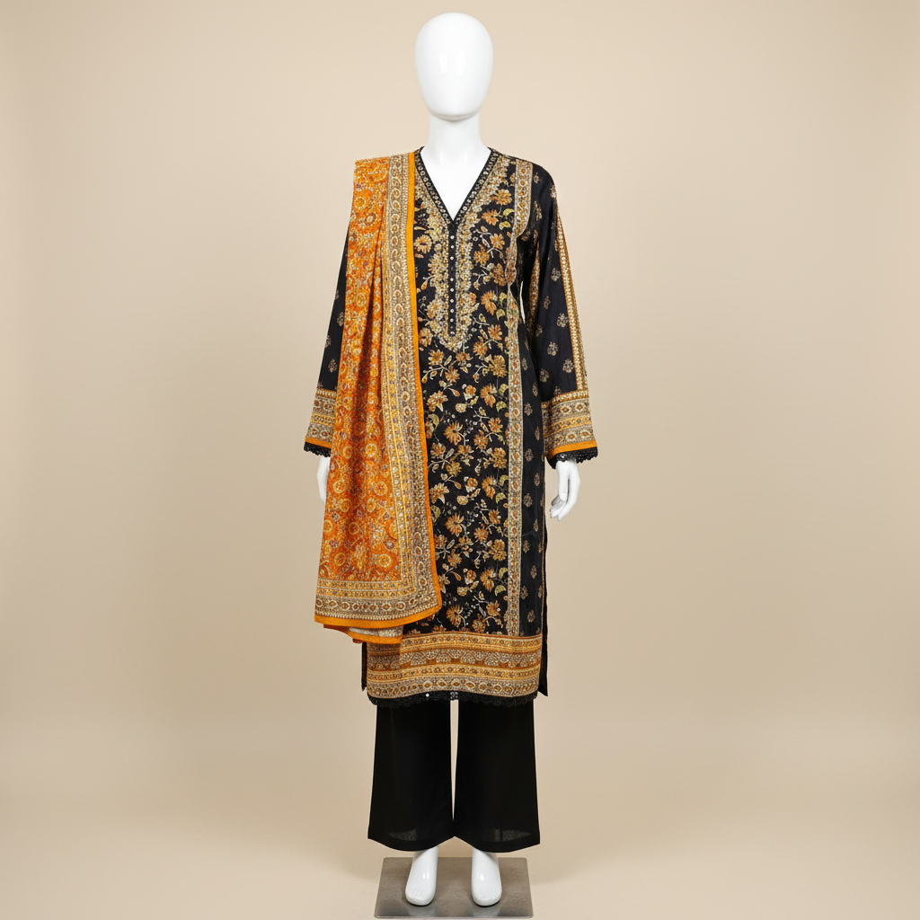 Zellbury Autumn Blossom | Black & Burnt Orange Floral Linen Shalwar Kameez