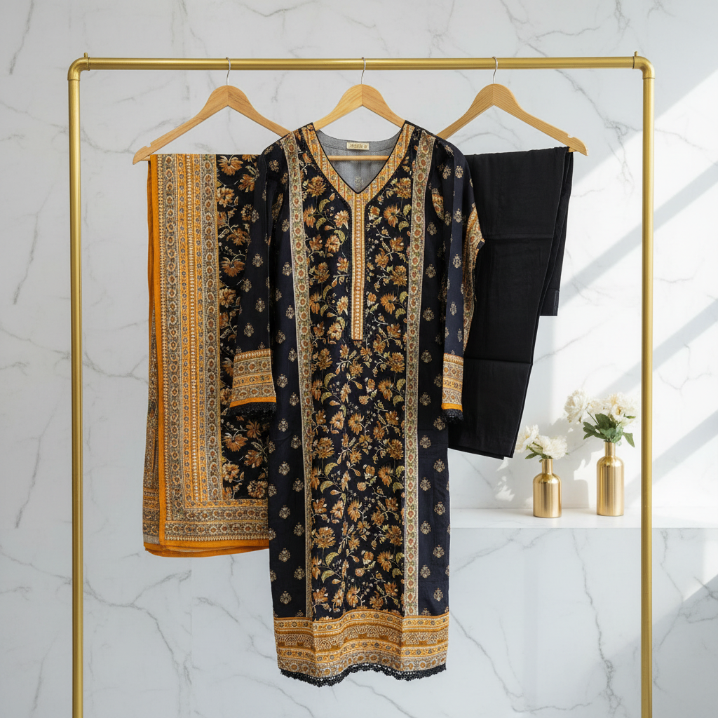 Zellbury Autumn Blossom | Black & Burnt Orange Floral Linen Shalwar Kameez