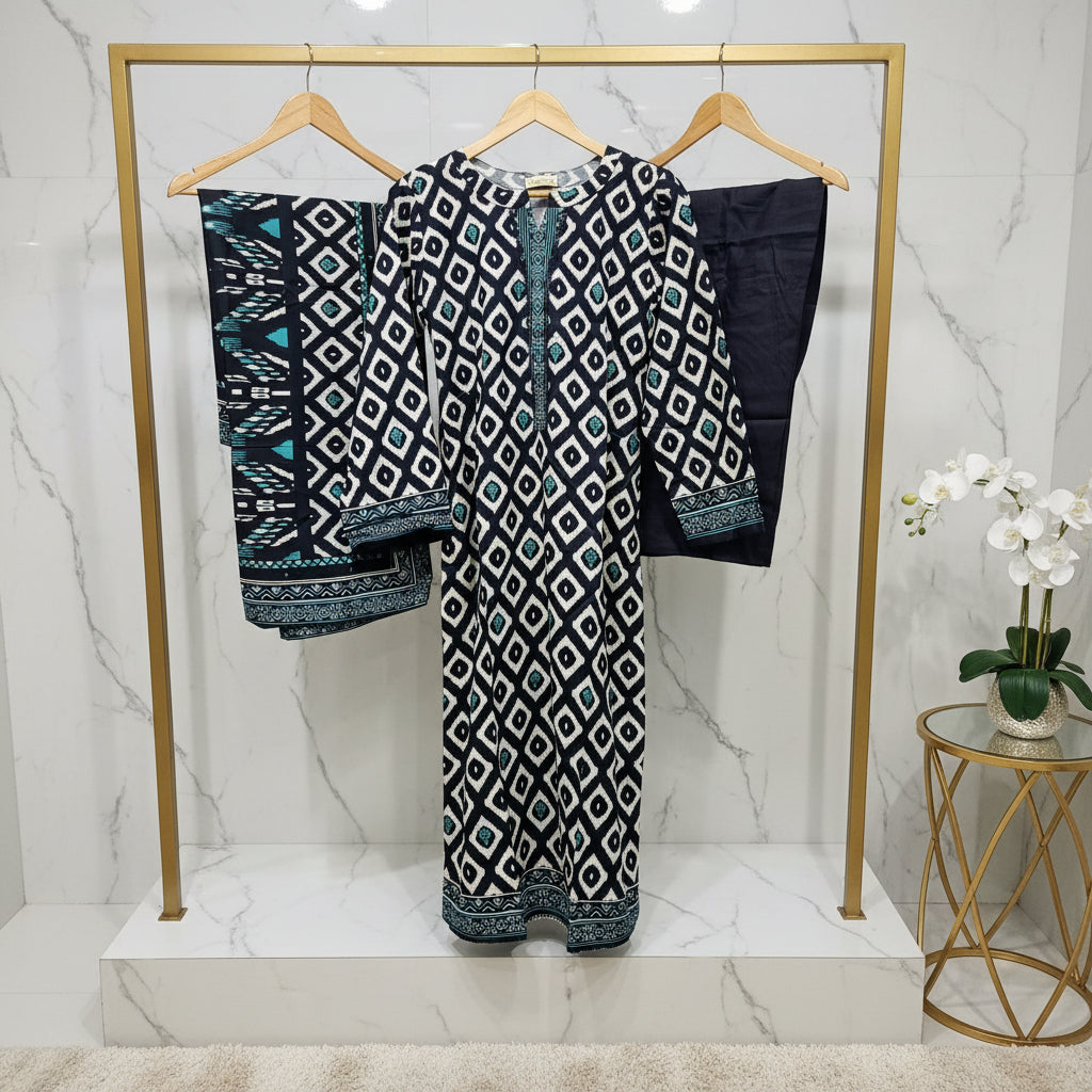 Zellbury Emerald Geometry | Black White & Green Diamond Print Linen Set