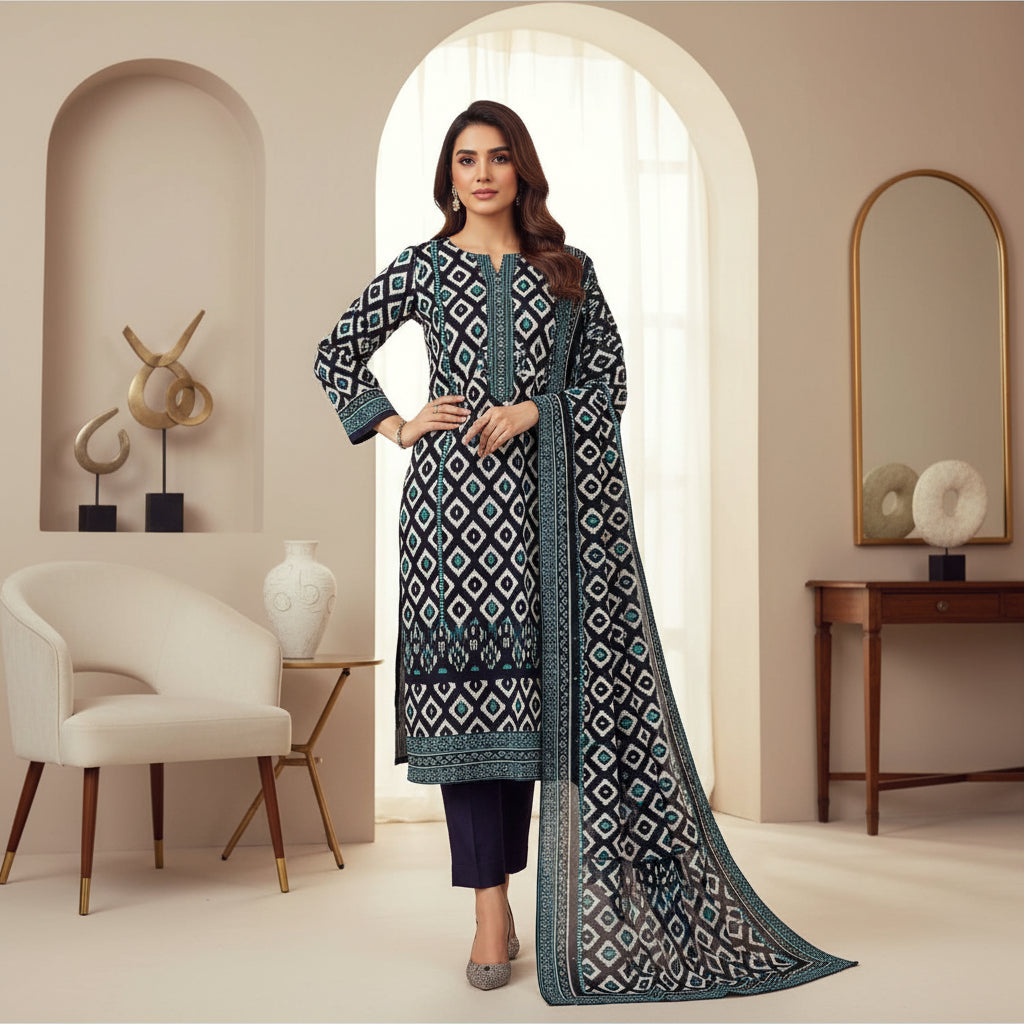 Zellbury Emerald Geometry | Black White & Green Diamond Print Linen Set