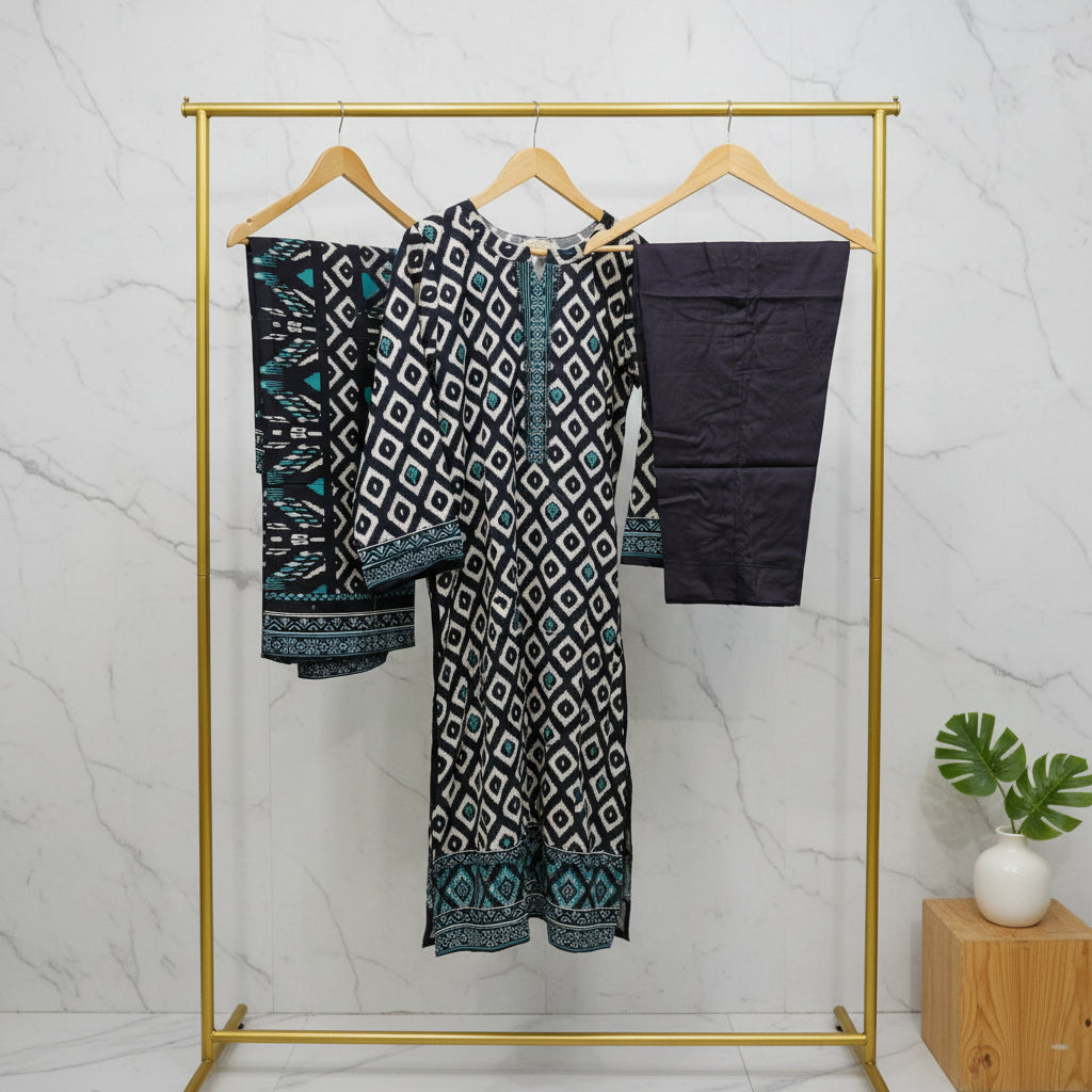 Zellbury Emerald Geometry | Black White & Green Diamond Print Linen Set