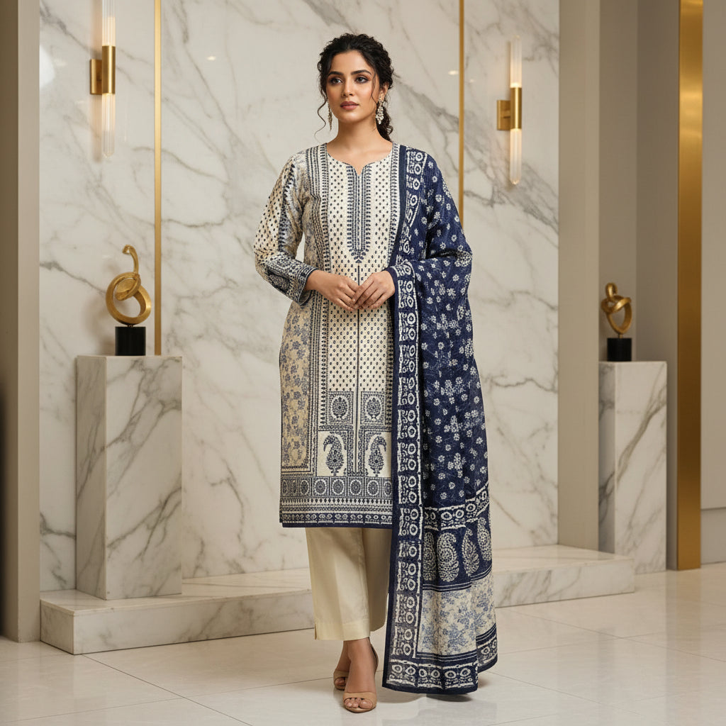 Zellbury Paisley Pearl | White & Navy Blue Print Linen Shalwar Kameez
