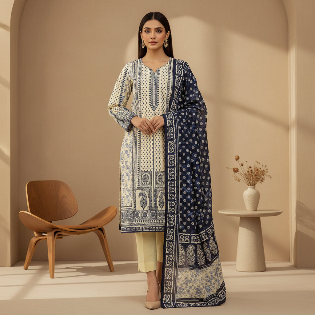 Zellbury Paisley Pearl | White & Navy Blue Print Linen Shalwar Kameez