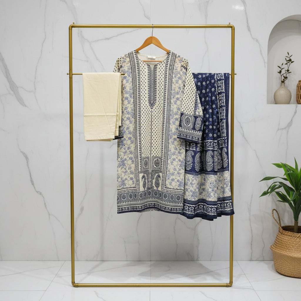 Zellbury Paisley Pearl | White & Navy Blue Print Linen Shalwar Kameez