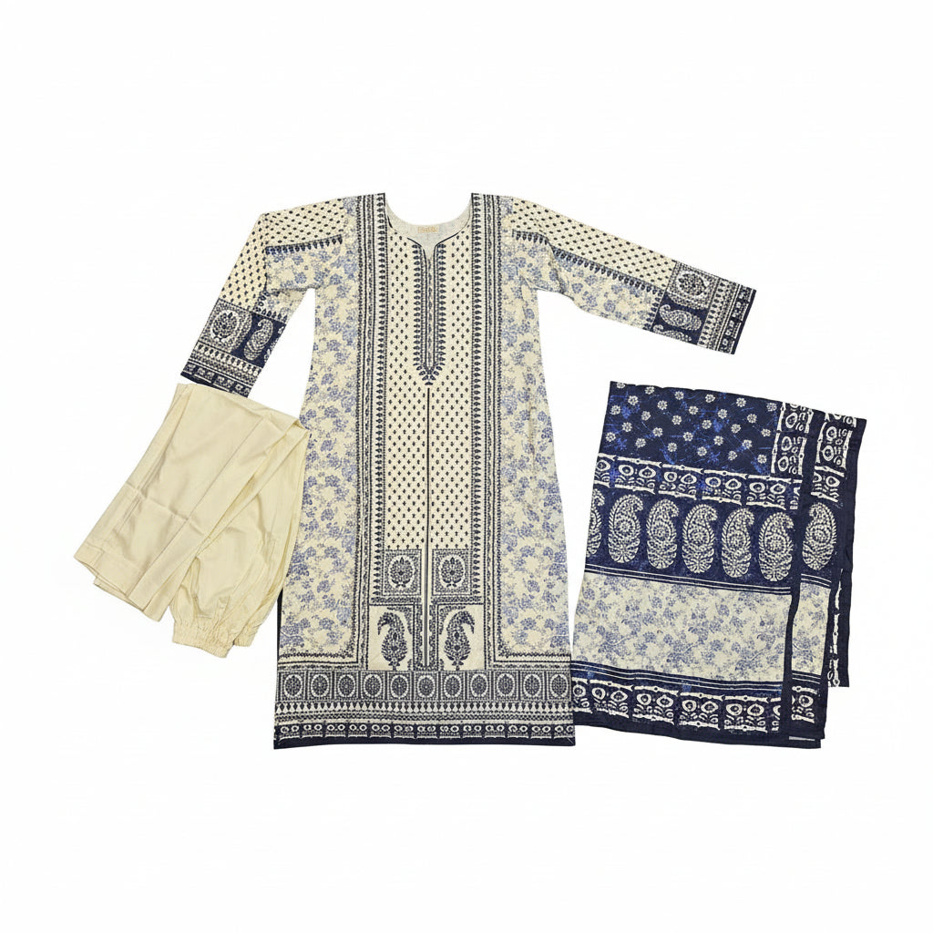 Zellbury Paisley Pearl | White & Navy Blue Print Linen Shalwar Kameez