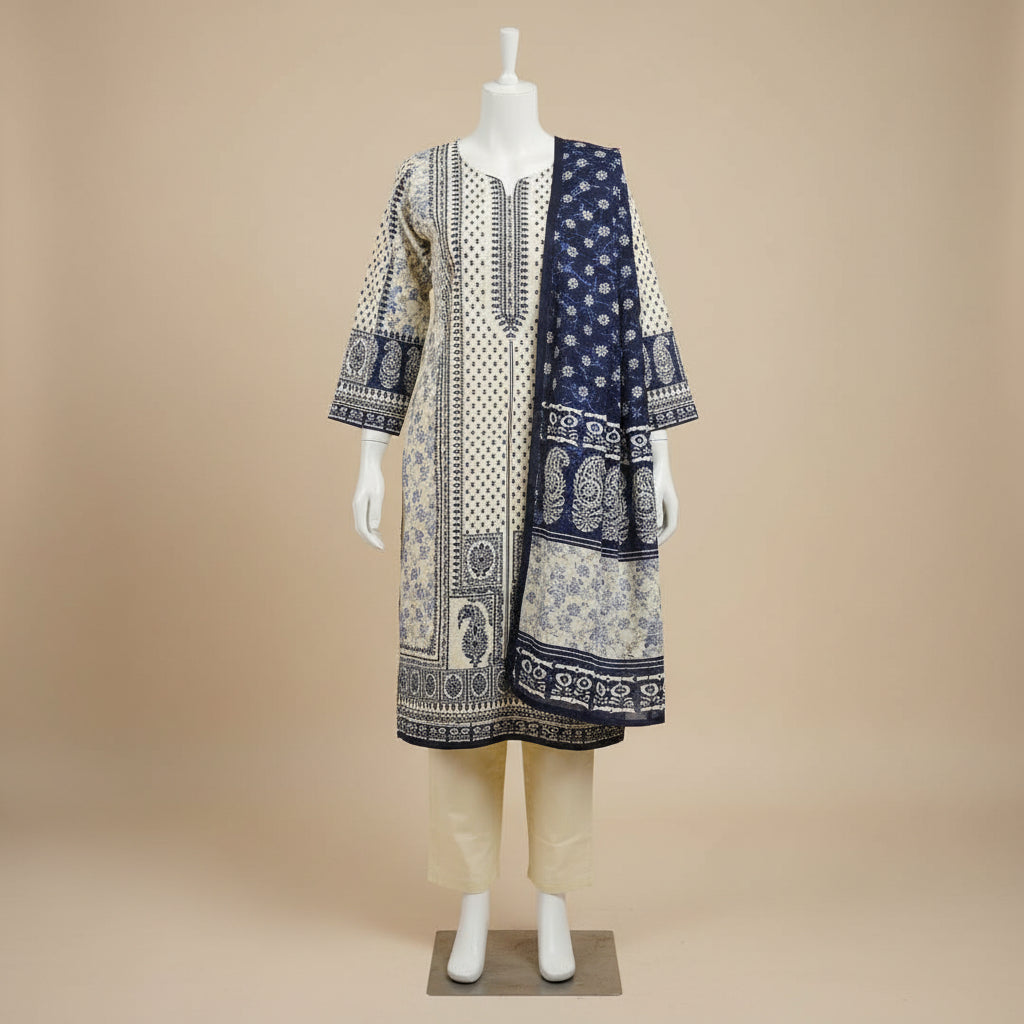 Zellbury Paisley Pearl | White & Navy Blue Print Linen Shalwar Kameez