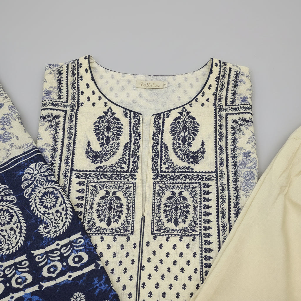 Zellbury Paisley Pearl | White & Navy Blue Print Linen Shalwar Kameez