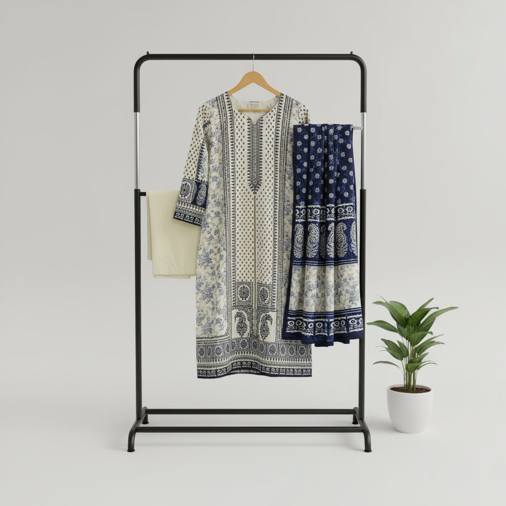 Zellbury Paisley Pearl | White & Navy Blue Print Linen Shalwar Kameez